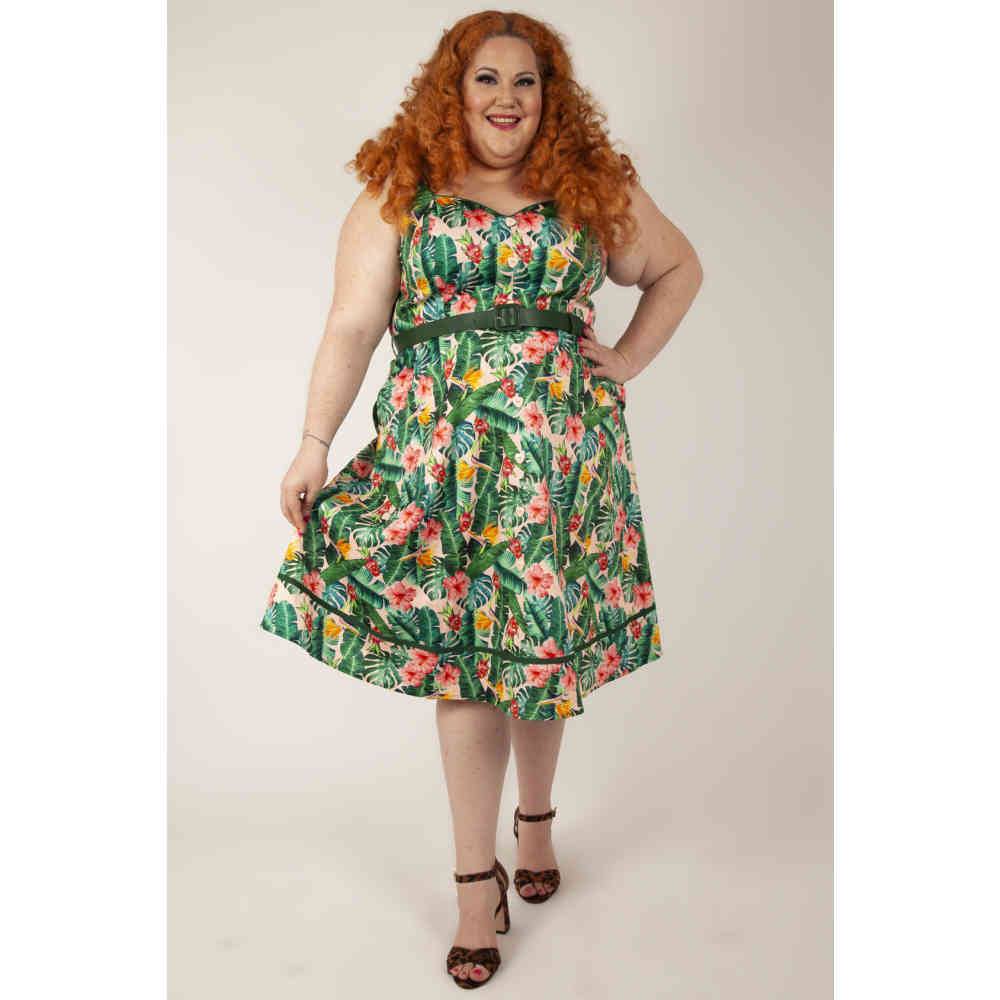 Voodoo Vixen Voodoo Vixen Flare Kleid Curve Jinkx Floral Tropical Grün voodoo vixen kleid